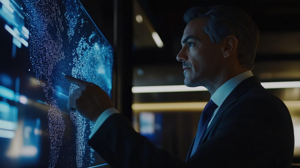 A man in a suit and tie is looking at a computer screen