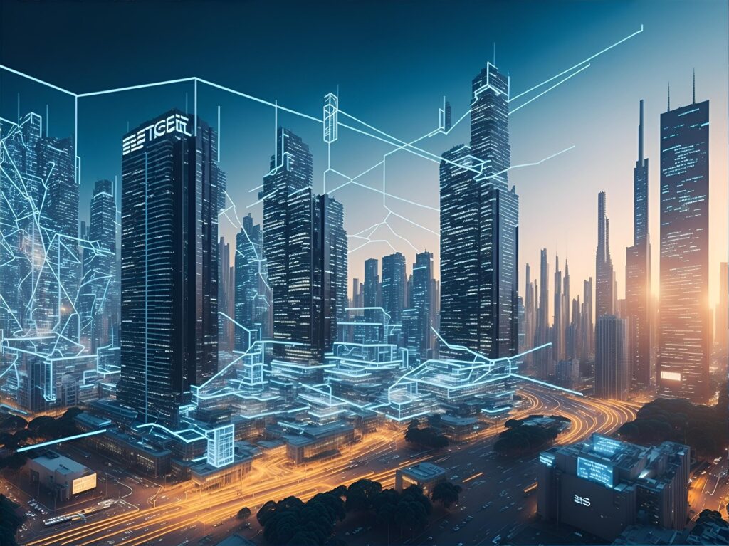 A city at night with a large building