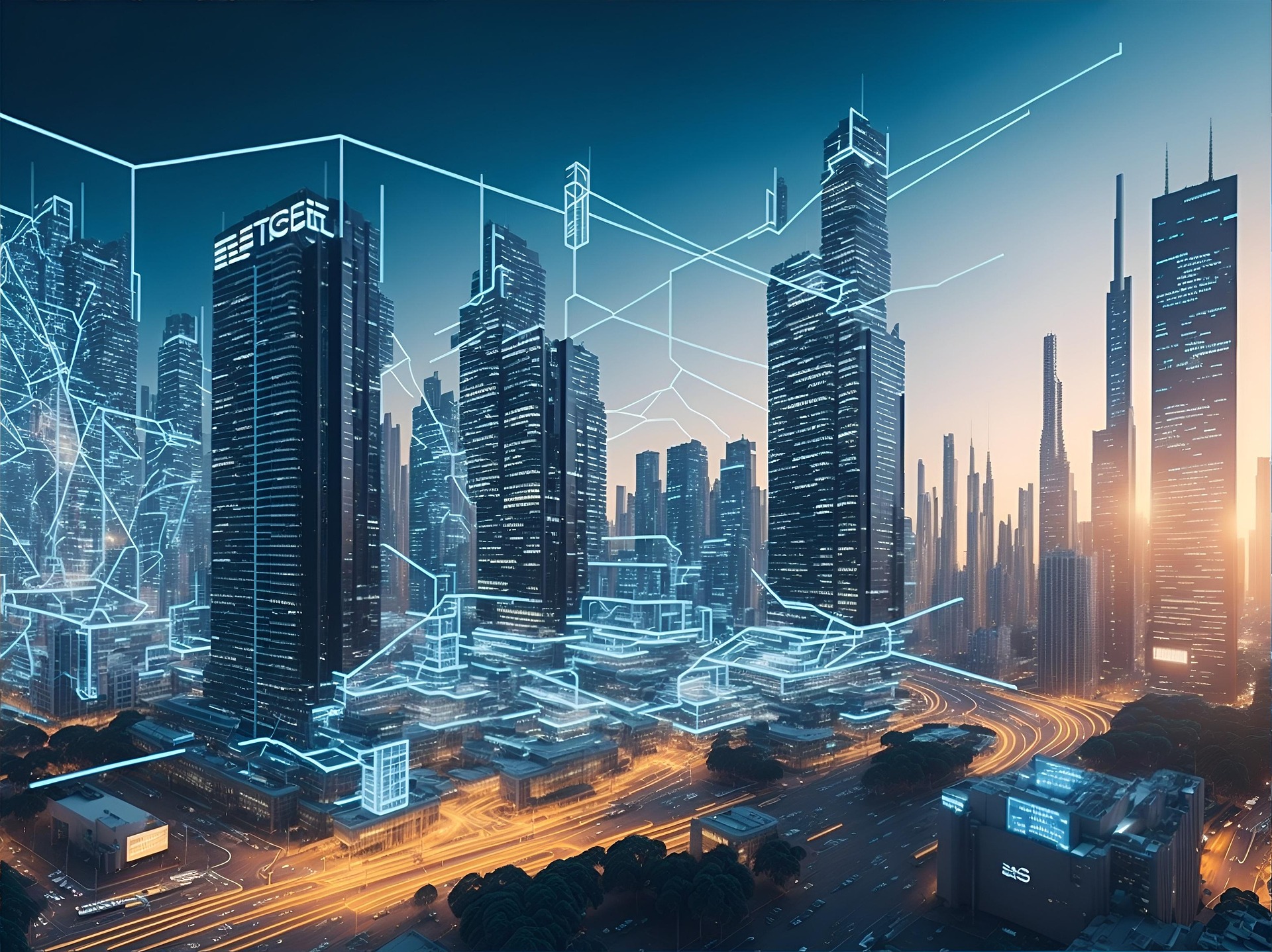 A city at night with a large building